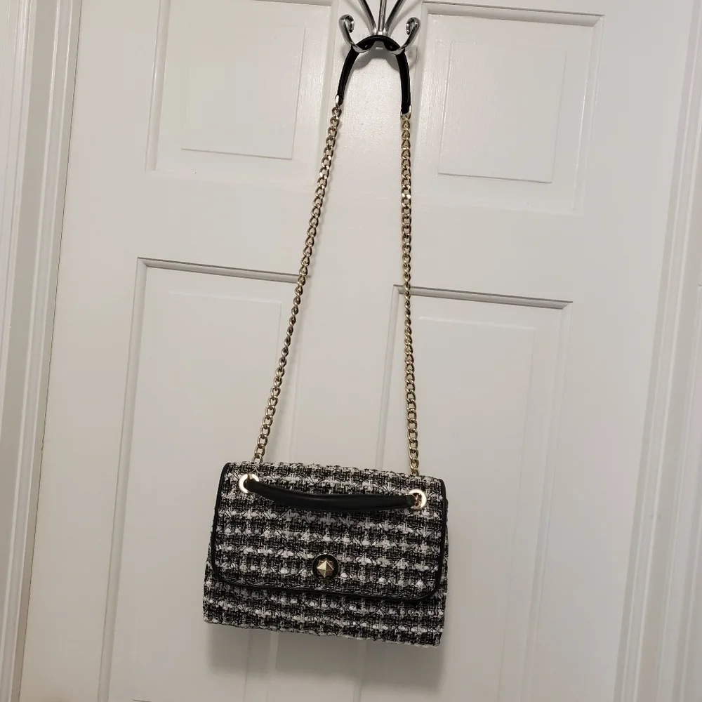 EUC Kate Spade Natalia Black & White Tweed Flap Close Crossbody/Shoulder Bag